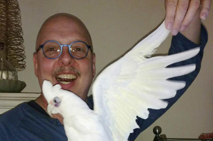 Bare-eyed Cockatoo Cleopatra helps Doug Ladd stay on track during the day. Via Doug Ladd/Today